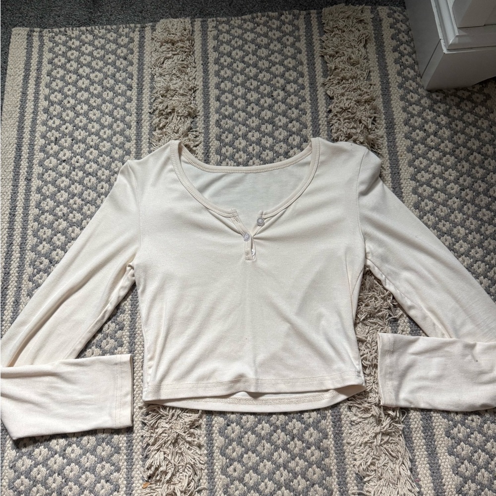 Cream Long-Sleeve Henley Crop Top - Women